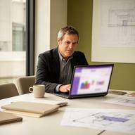 CFO van een Nederlands bouwbedrijf aan een vergadertafel met een markt-dashboard op een laptop