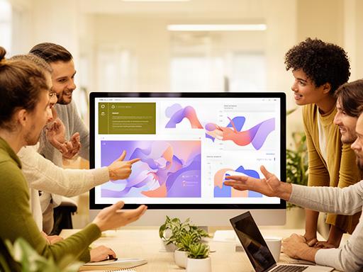 Team van marktanalisten werkt samen aan een interactief dashboard met kleurrijke grafieken