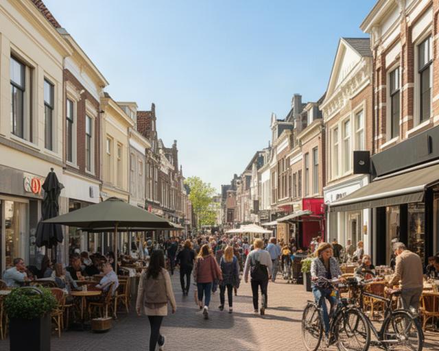 Drukke Nederlandse winkelstraat met winkels, terrassen en consumenten tijdens een heldere middag