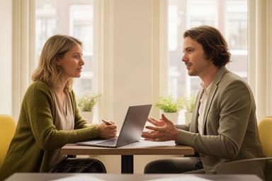 Customer success manager spreekt met een zakelijke klant over sectoranalyse en marktdata