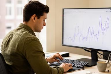 Drey Belmis analyseert een trendgrafiek aan een bureau in Amsterdam